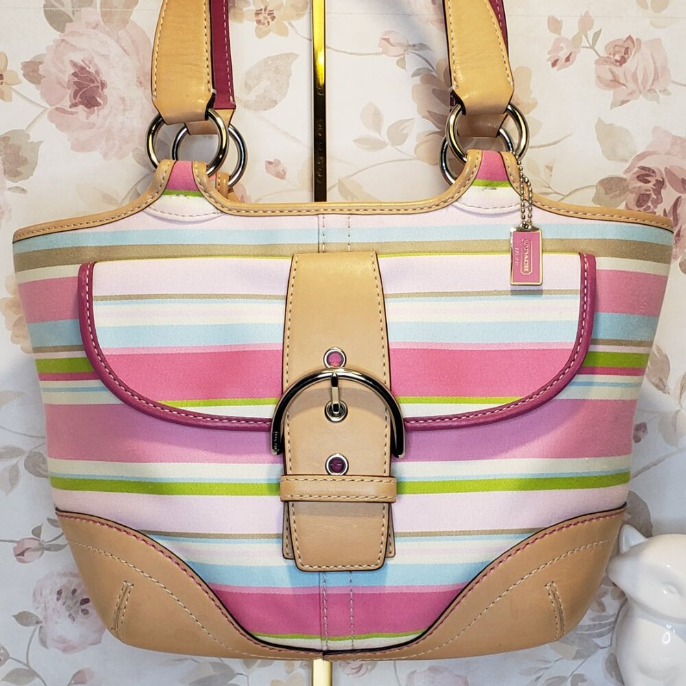Vintage COACH 1889 Hampton Soho Multi-color Striped Canvas & Leather Buckle Tote - Picture 2 of 13